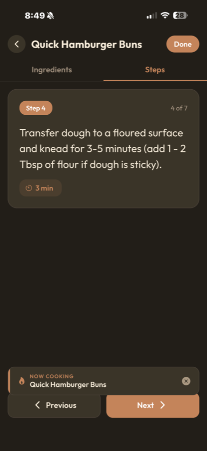 Cooking mode showing one step at a time with a tappable 3-minute timer
