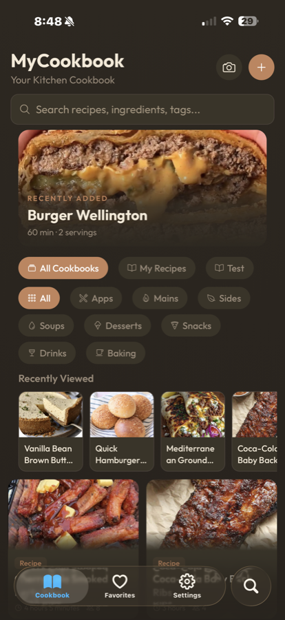 MyCookbook home screen showing a recipe library with cookbooks and categories