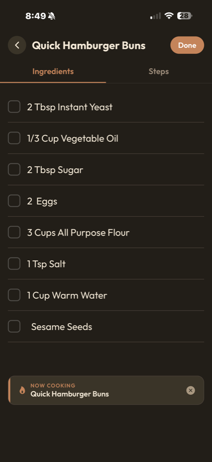 Ingredient checklist in cooking mode