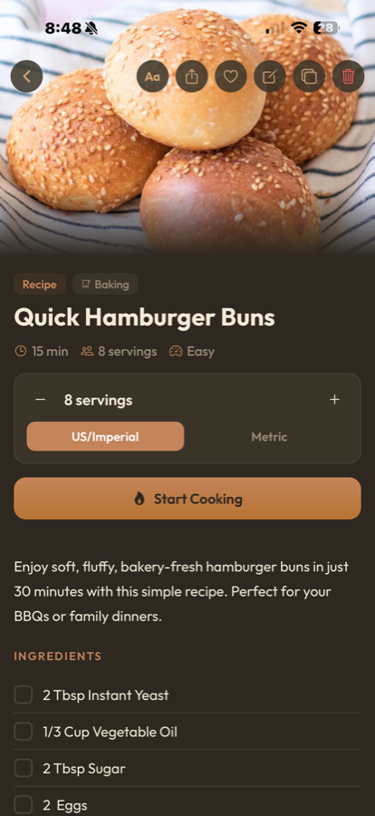 Recipe page for Quick Hamburger Buns with a servings scaler and Start Cooking button